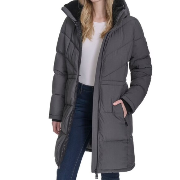 Dkny Jackets & Blazers - DKNY Long Quilted Puffer Jacket XL Gray New With Tags Removable Hood